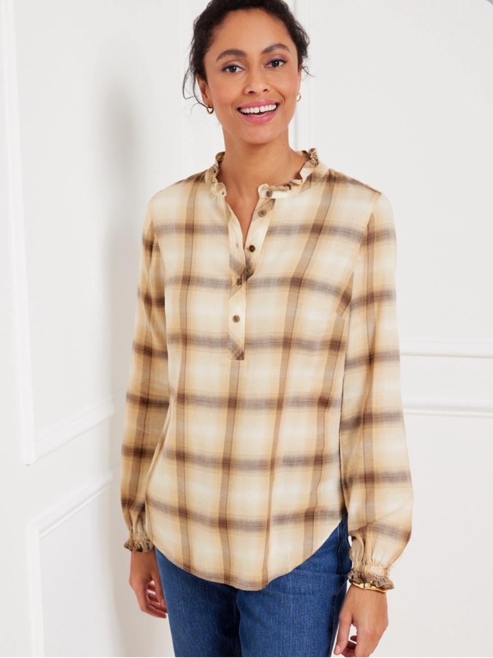Talbots Ruffle Trim Popover Sunrise Plaid Top Blouse Brown Tan S